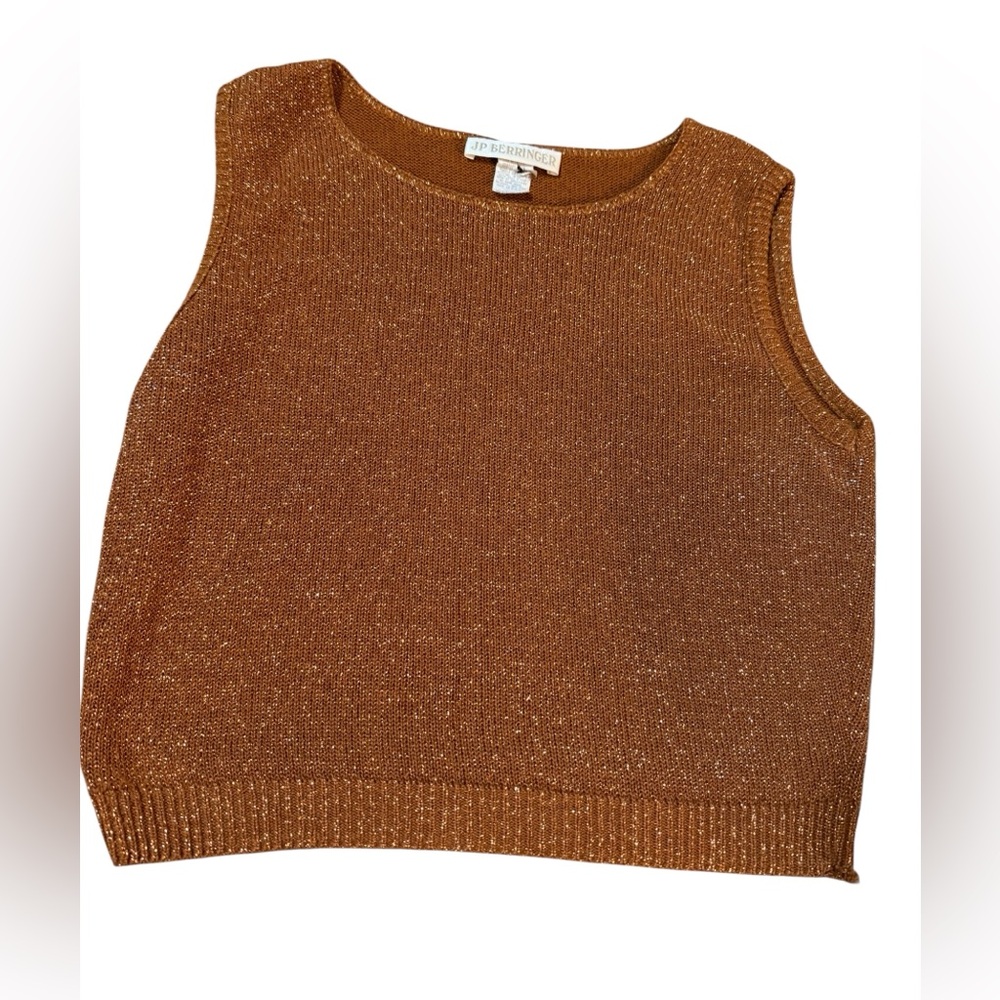 Vtg JP Berringer Metallic Bronze Sparkle Sleeveless Sweater Vest Retro Glam Sz M
